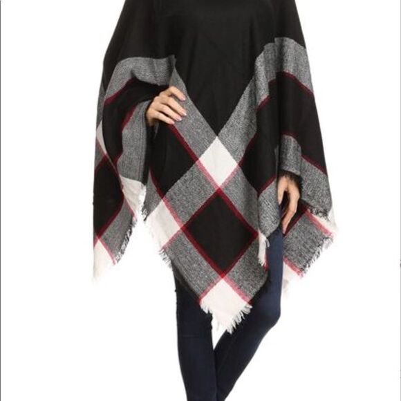 New Plaid Black & Grey Knit Poncho Oversized Comfy Lounge Turtleneck Preppy - Picture 1 of 5